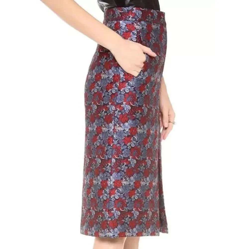 BCBGMAXAZRIA Liya Jacquard Pencil‎ Skirt Size XXS Floral Knee Length Front Slit